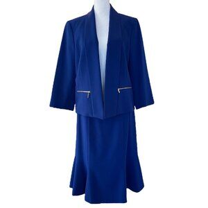 Royal Blue Skirt Suit with Open Front Jacket w Pockets & Flared Skirt Size 8/10